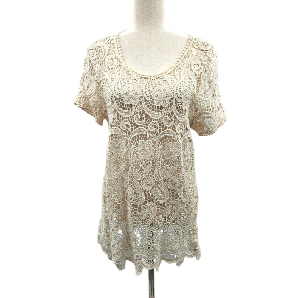 bobi Cream Crochet Lace Overlay Tunic Top Short Sleeve‎ Women's Size M
